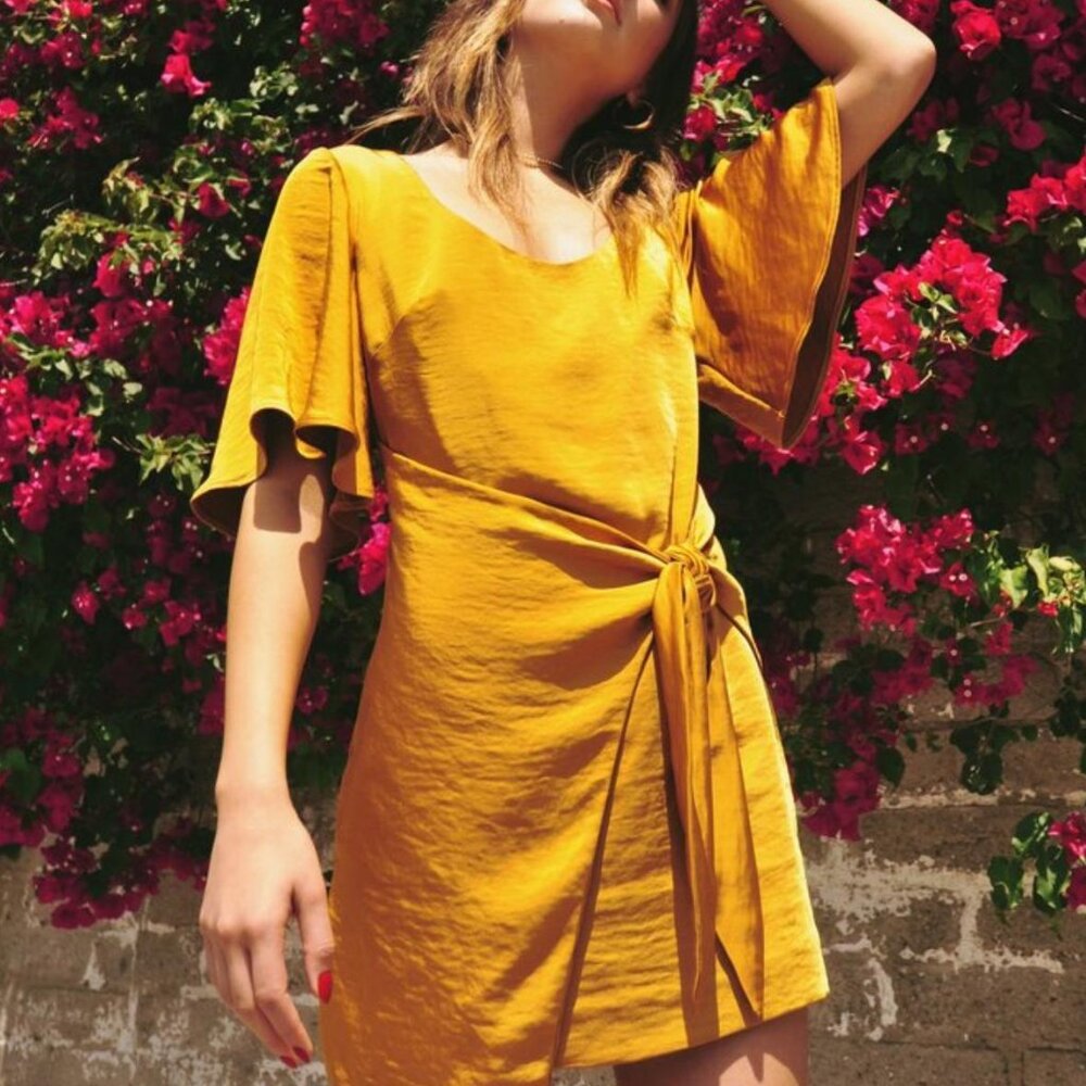 LeRumi Womens Jamie Dress Tunic Gold Size Small Cotton Tie Faux Wrap Front Lined
